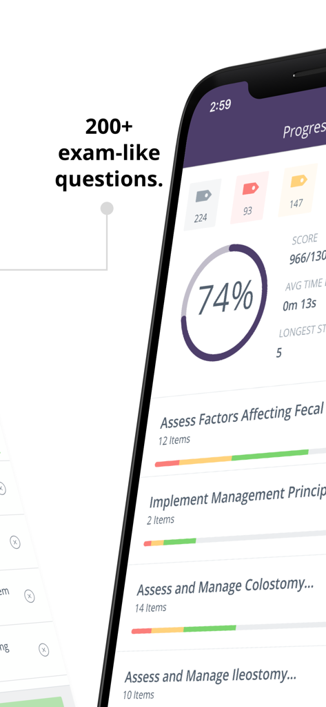 COCN® Ostomy Care Exam Prep - Tableau de bord COCN Ostomy Care Exam Prep montrant les progrès du test et les sujets d'étude
