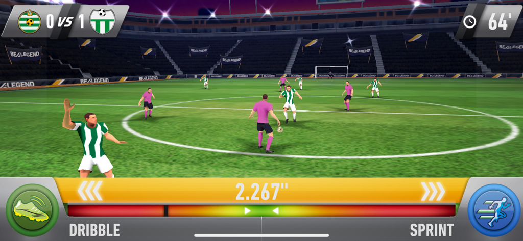 BE A LEGEND Soccer Career - BE A LEGEND 축구 커리어의 축구 경기 게임 플레이 스크린샷. 플레이어가 경기장 중앙에서 드리블하는 모습.