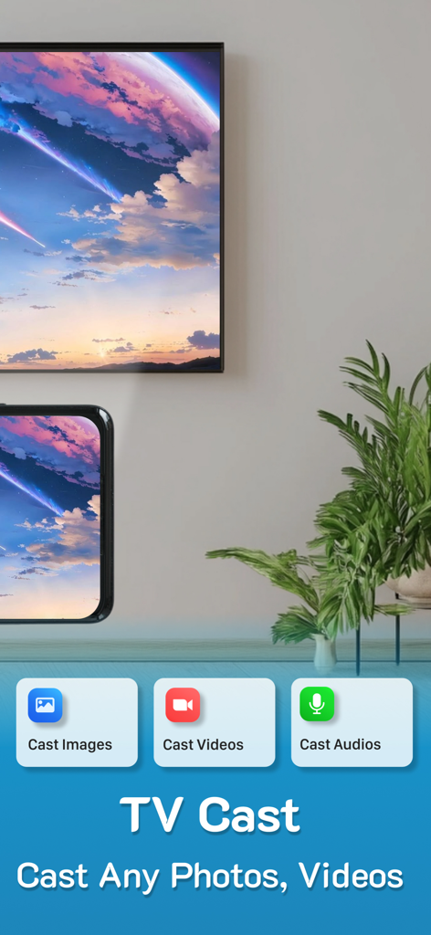 Un iPhone duplica la pantalla de un paisaje escénico en un gran televisor inteligente usando la aplicación Proyector
