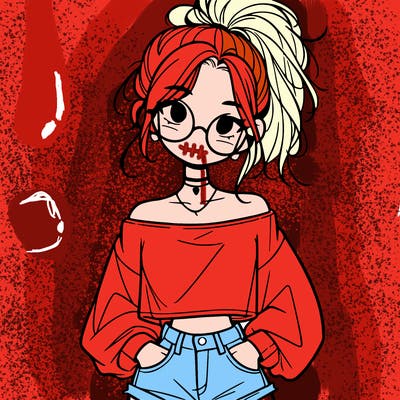 girl with a messy ponytail glasses a baggy crop top and jean shorts