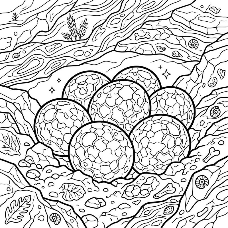 Journey back to the age of giants with this captivating coloring page featuring a nest of sauropod dinosaur eggs. Delight in rendering the intricate textures of these ancient fossils and the surrounding prehistoric landscape.
