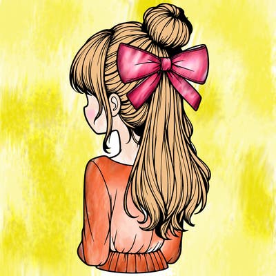realistic girl  with hip length hair a bun and a big bow on the back of head