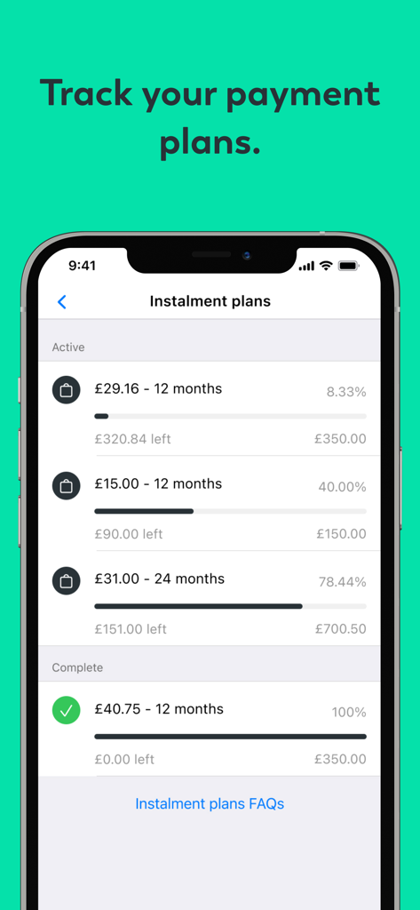 Newpay mobile app screen showing active and completed installment plans with progress bars and repayment details
