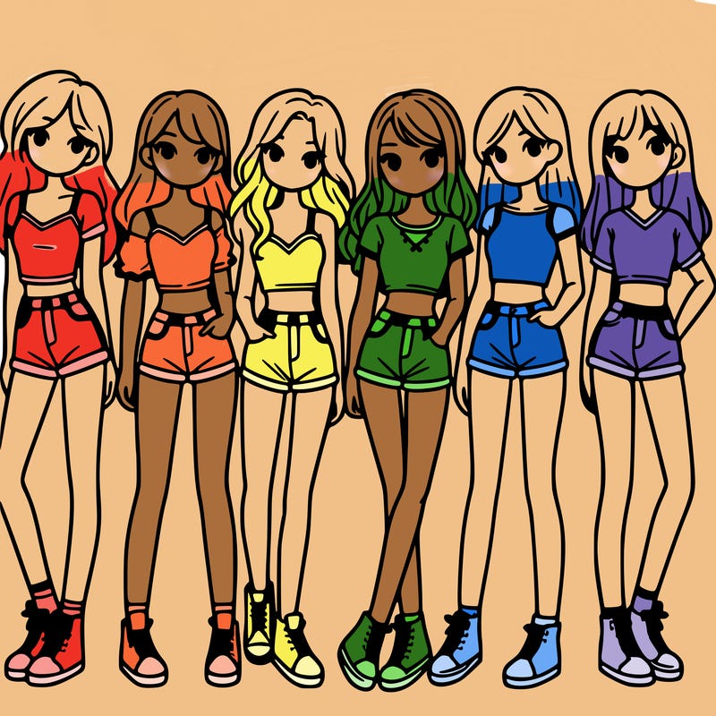 a group of girls wearing crop tops and shorts