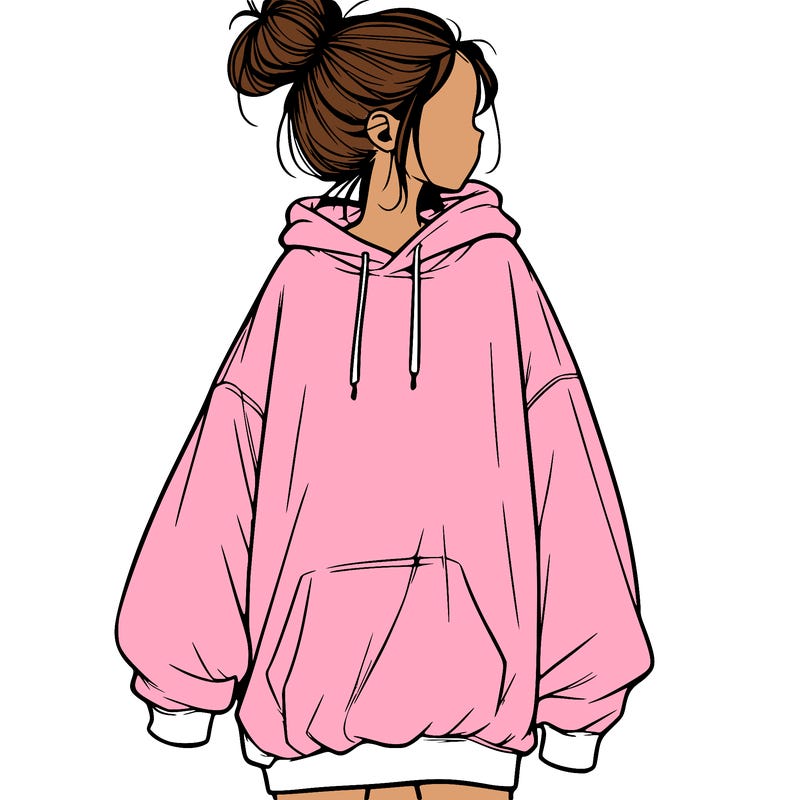 realistic girl with a oversized sweatshirt on and a bun
