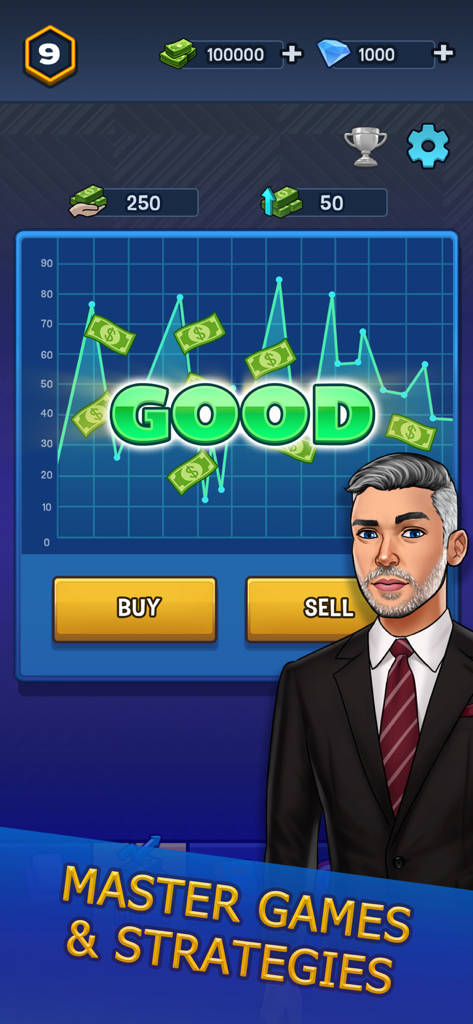정장을 입은 캐릭터와 구매 또는 판매 버튼이 있는 주식 시장 거래 시뮬레이션 화면