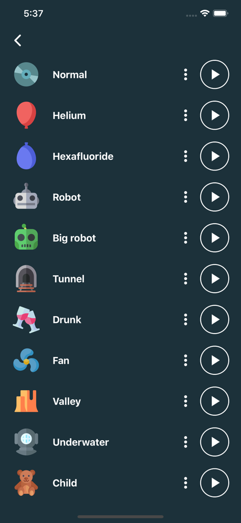헬륨 및 로봇 필터를 포함한 음성 변조기 앱의 오디오 효과 목록