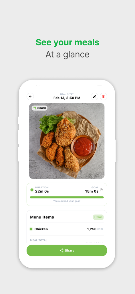 Eat Slowly - Pantalla de entrada de comida en la aplicación Come Despacio que muestra una foto de comida, temporizador de duración de la comida y recuento de calorías.
