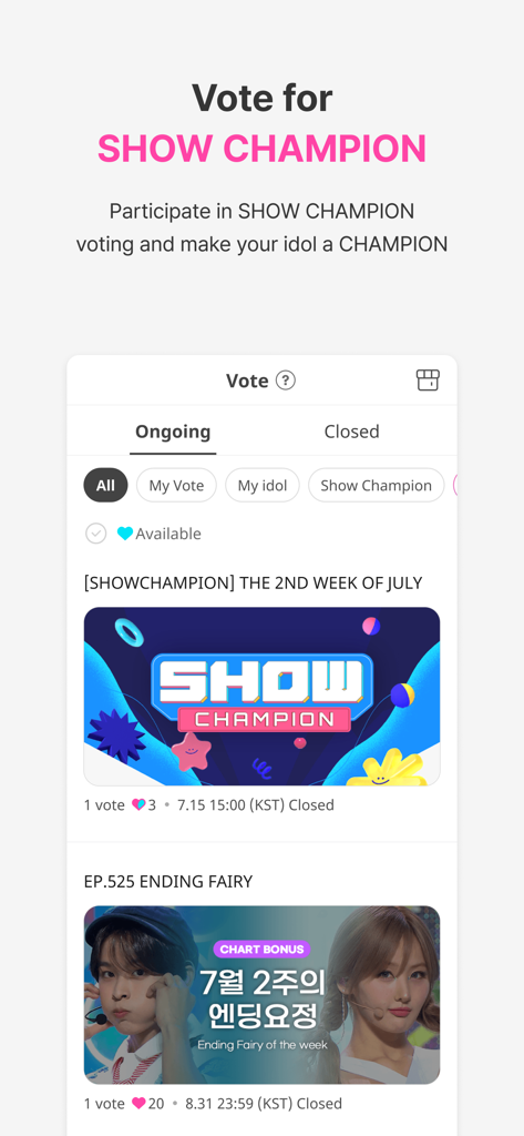 Interfaccia dell'app IDOLCHAMP che mostra le opzioni di voto per gli idoli K-pop per Show Champion.