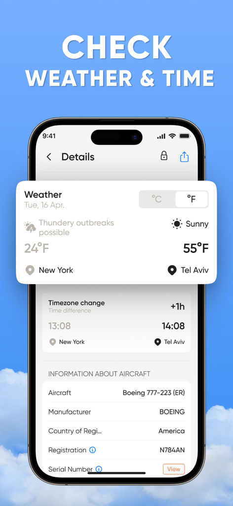 Flight tracker app interface showing weather updates and aircraft details