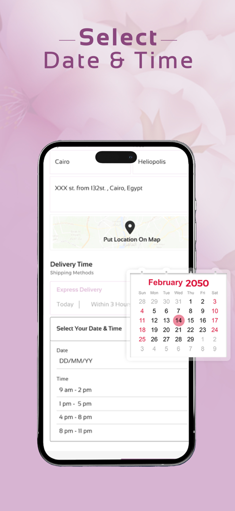 Flowrista  Flowers & Gifts - Flowrista app interface for selecting delivery date and time.