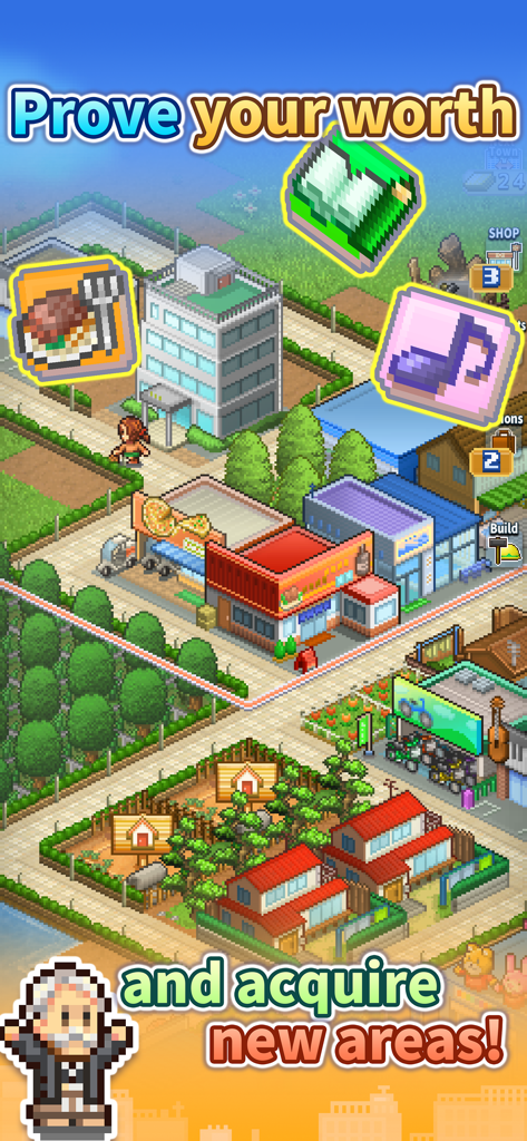 Dream Town Story - Vibrante ciudad de arte pixelado en Dream Town Story con varios edificios y tiendas