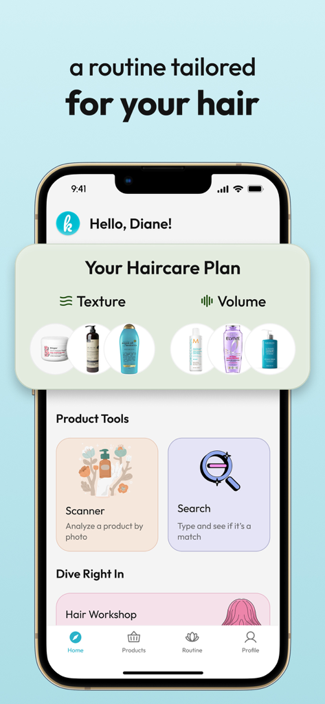 Interface of Kera app showing a tailored hair care routine and product analysis tools
