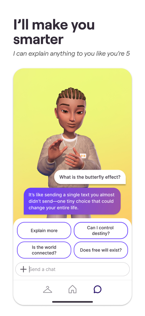 Un avatar 3D en la aplicación Genies explicando el efecto mariposa en términos simples como si tuvieras cinco años.
