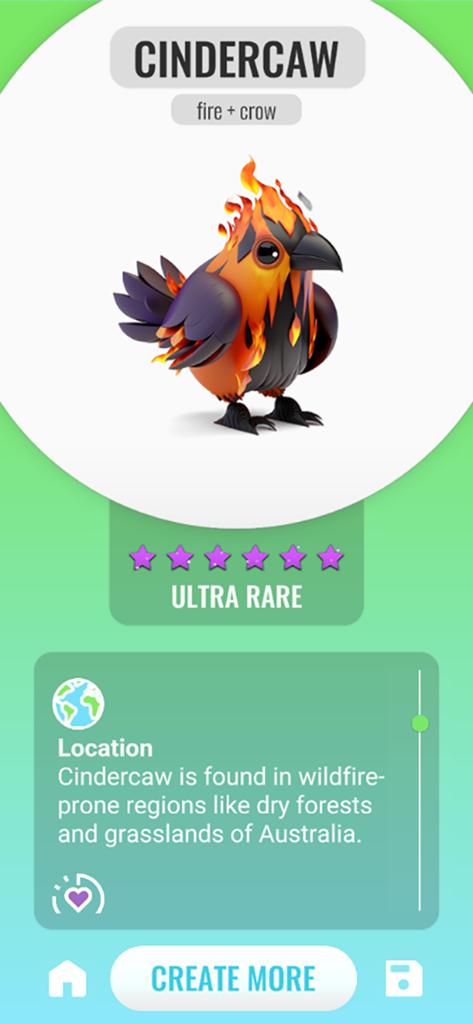 Animash - Una criatura de fusión ultra rara de fuego y cuervo llamada Cindercaw en la interfaz del juego Animash.
