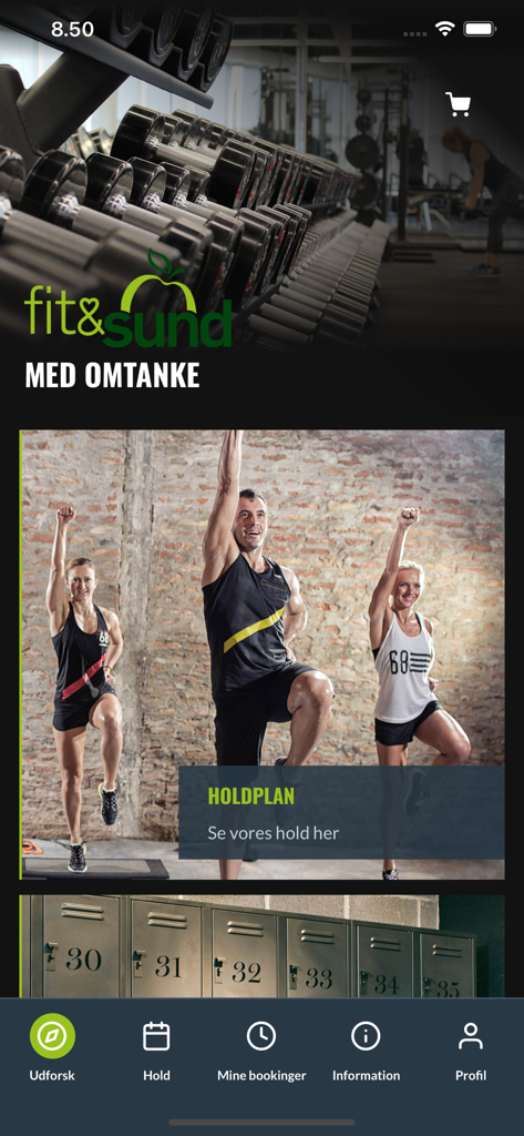 Fit&Sund - Pantalla de inicio de la aplicación móvil Fit and Sund mostrando reservas de clases de gimnasio y equipamiento