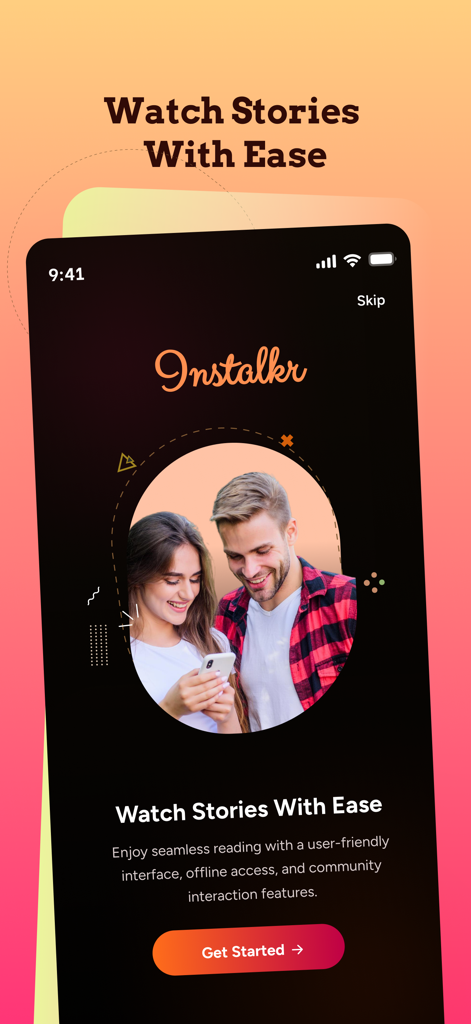 Story Viewer : Watch & Save - Story Viewer App Onboarding-Bildschirm mit der Überschrift Geschichten einfach ansehen und ein Paar, das ein Smartphone benutzt.