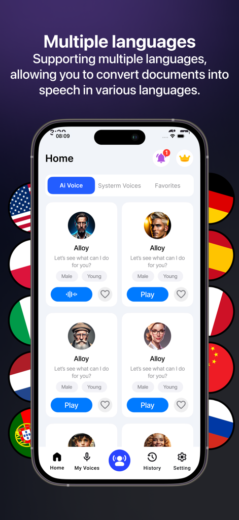 Interface de l'application Synthèse Vocale montrant plusieurs voix IA et des drapeaux internationaux représentant la prise en charge multilingue