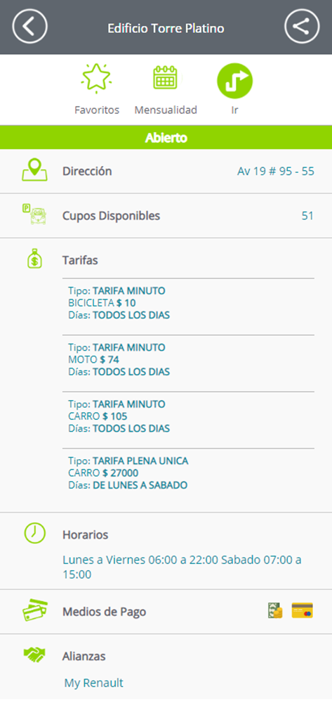 Oberfläche der Park-App, die Parkgebühren, verfügbare Plätze und Standortdetails für ein sicheres Parkhaus anzeigt