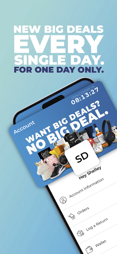 Interface do aplicativo móvel OneDayOnly mostrando configurações de conta e um cronômetro de contagem regressiva de ofertas diárias com vários produtos