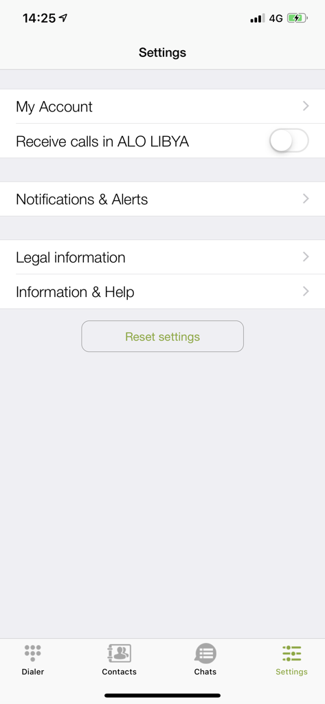 الو ليبيا - Menú de configuración de la aplicación Allo Libya que muestra la gestión de cuentas y las opciones de llamadas