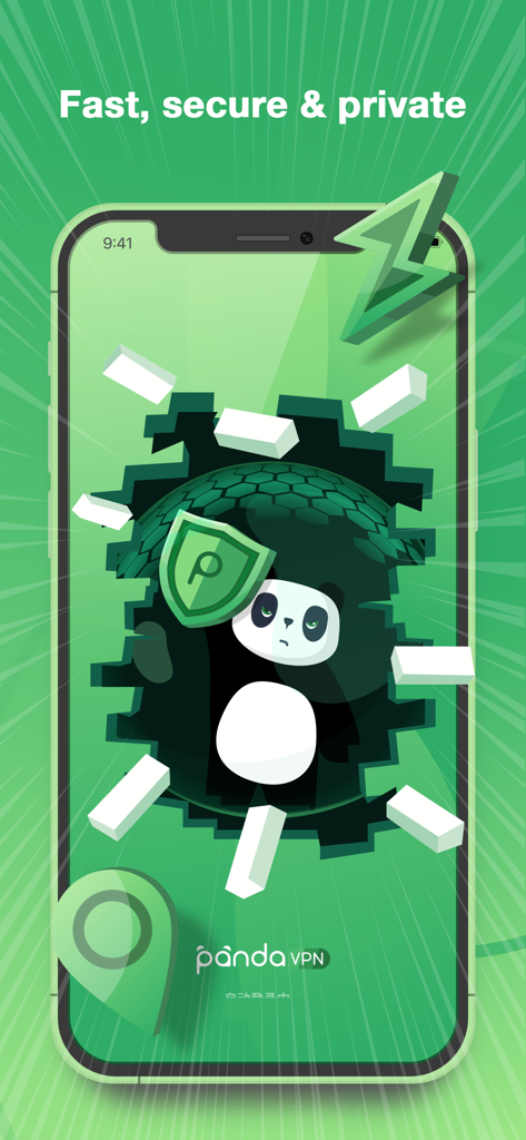 PandaVPN Lite app interface showing a panda mascot with a shield and lightning bolt for fast and secure connection