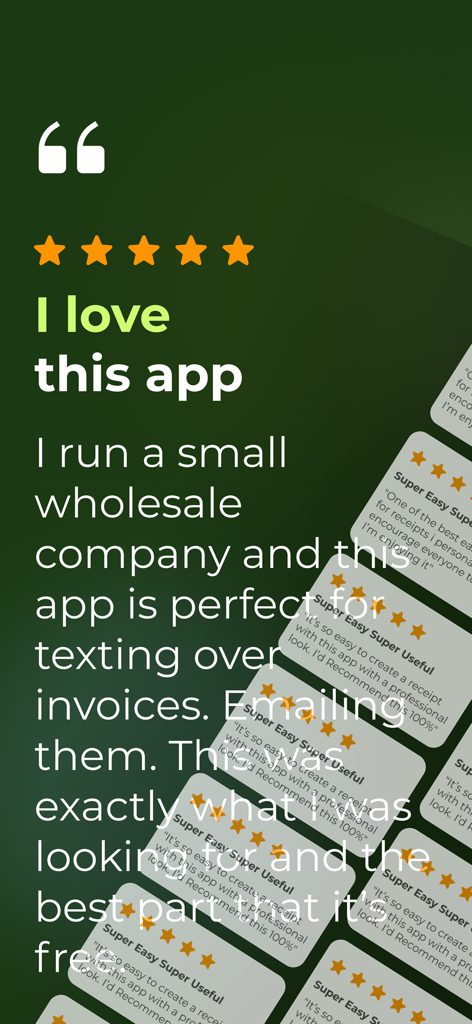 Purchase Order Maker - PO app - Five-star user review for the Purchase Order Maker app highlighting its usefulness for small wholesale businesses.