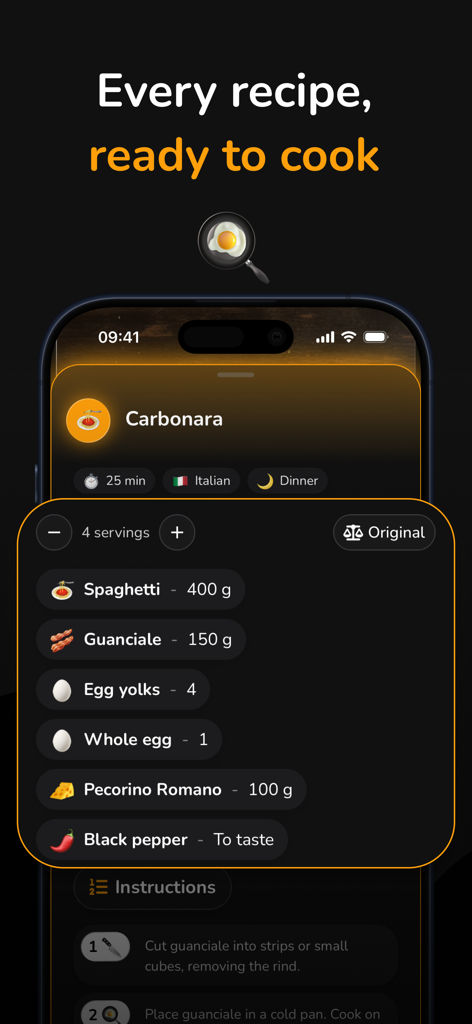 Pinio: Pin & Organize - Um cartão de receita visual no aplicativo Pinio mostrando ingredientes e detalhes de preparação para Carbonara.