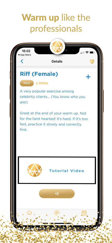The Vocal Coach - A mobile screen from The Vocal Coach app showing details for a hard-level vocal riff exercise including a tutorial video link.
