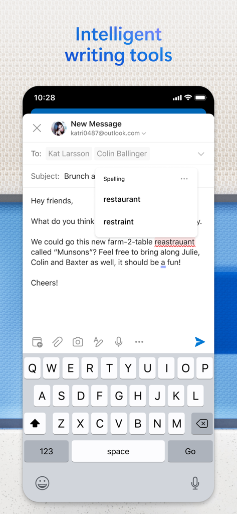 Microsoft Outlook mobile app interface showing intelligent writing tools and spelling correction suggestions during email composition