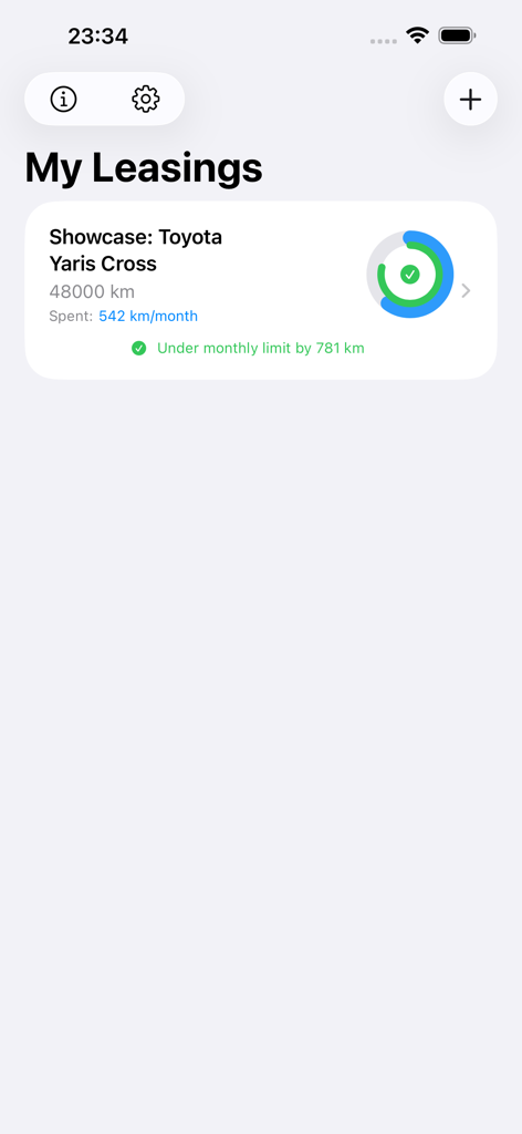 La schermata principale dell'app My Car Lease Tracker che mostra un'auto Toyota Yaris Cross in leasing con stato del chilometraggio e un grafico a torta di avanzamento.