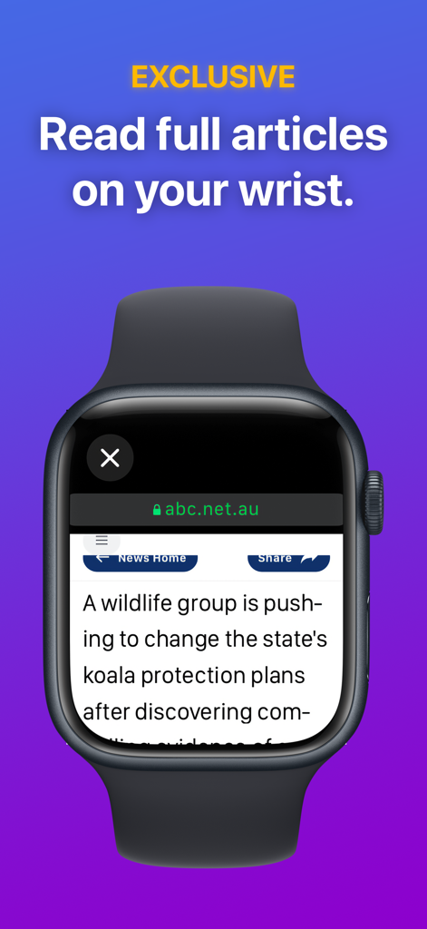 An Apple Watch displaying a full news article from The Brief app on its screen.