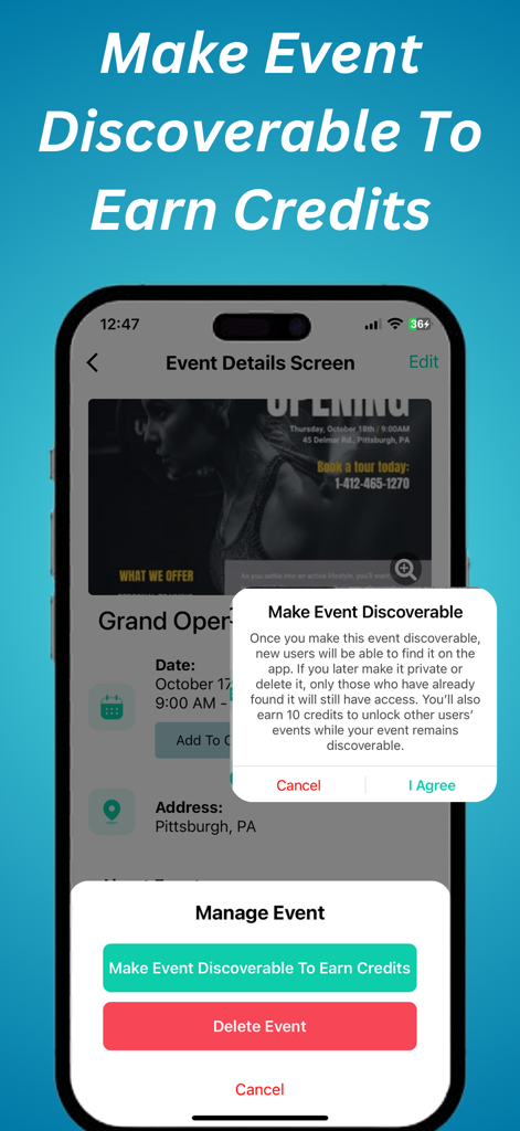 Benutzeroberfläche der Poster-AI-App mit einem Pop-up, das es ermöglicht, ein gescanntes Ereignis für andere sichtbar zu machen, um Credits zu verdienen.