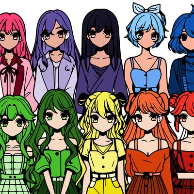 8 beautiful anime girls lined up