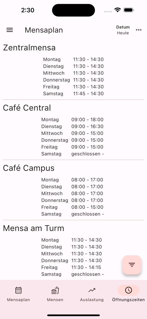 Mensa Speiseplan Göttingen - Mobilfunkanzeige mit den Öffnungszeiten verschiedener Universitätsmensen in Göttingen