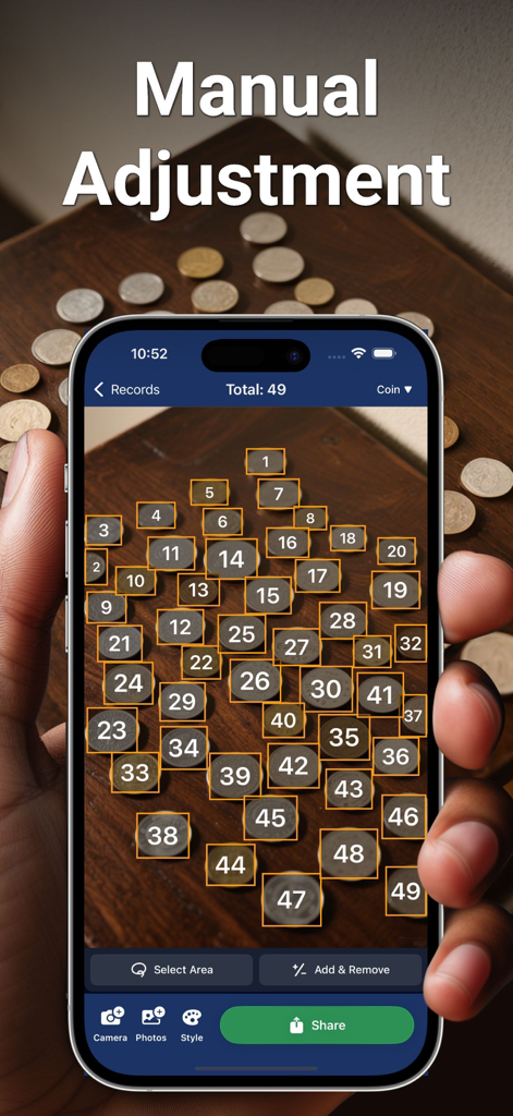 Count Things: Photo Counting - A smartphone screen showing the Count Things app interface with 49 coins automatically numbered and highlighted for manual adjustment.