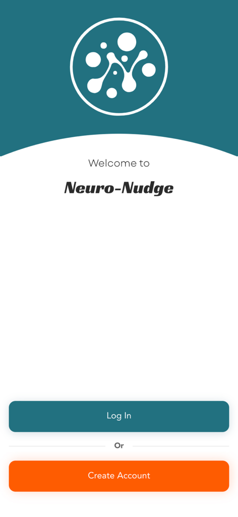 Neuro-Nudge - Tela de boas-vindas do aplicativo Neuro-Nudge mostrando o logo e as opções para fazer login ou criar uma conta