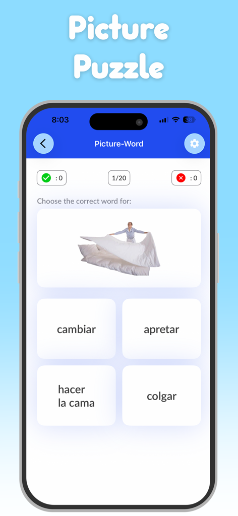 A mobile screen from a Spanish learning app showing a picture puzzle quiz where users match an image to the correct Spanish phrase.