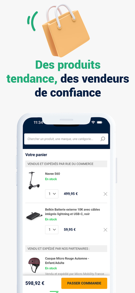 Interfaccia del carrello dell'app Rue Du Commerce che mostra i prodotti tecnologici selezionati e un pulsante di checkout