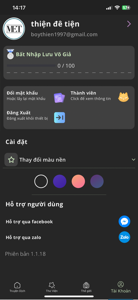 Xa Lộ Sách - User account and settings screen of the Xa Lo Sach book app with profile information and customization options.