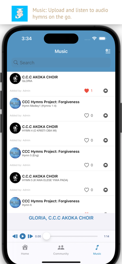 CCCHymns - Music player screen of the CCCHymns app featuring a list of choir recordings and audio controls