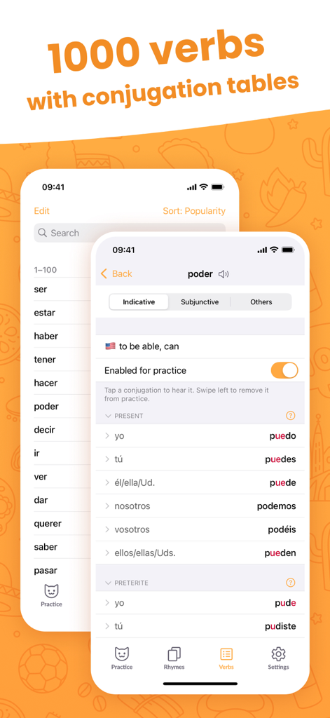 ConjuGato: Learn Spanish Verbs - ConjuGato app interface showing a list of common Spanish verbs and a detailed conjugation table for the verb poder