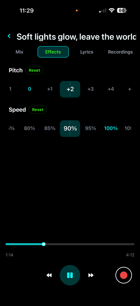 Sing With Me App - Interface of the Sing With Me app showing the Effects tab with sliders to adjust pitch and song speed for vocal practice