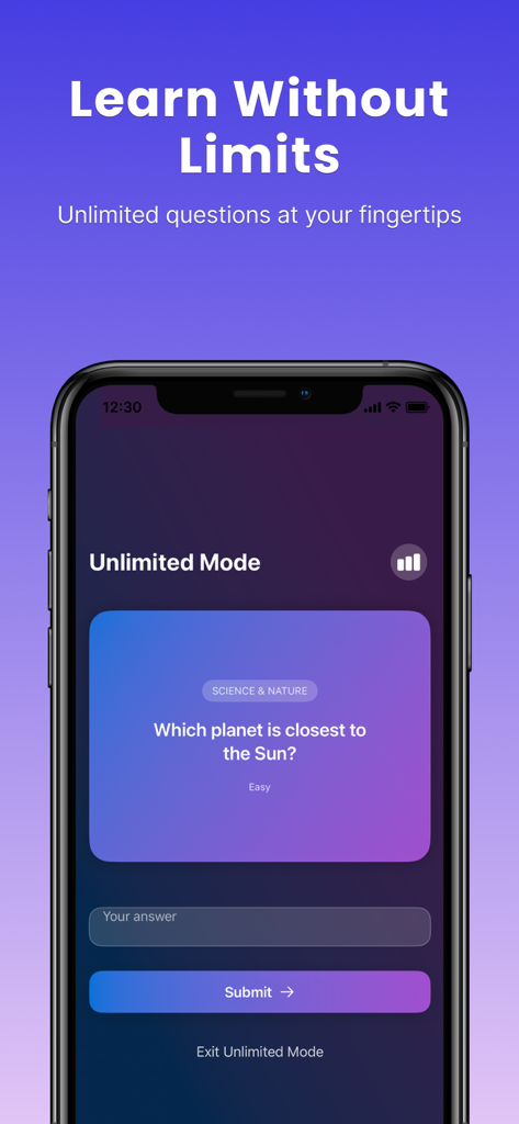 The Daily Question - Smartphone screen showing The Daily Question app interface in Unlimited Mode with a science trivia question