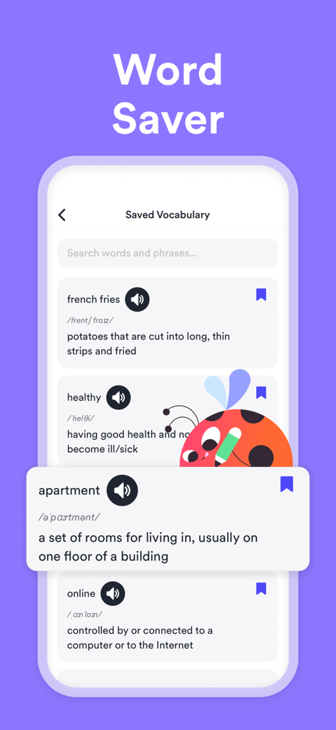 EF Hello: Learn English - Elenco di vocabolario salvato nell'app di apprendimento dell'inglese EF Hello