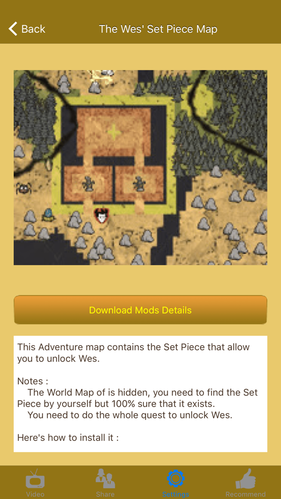 Mods for Don't Starve and Don't Starve Together - Interface showing details for the Wes Set Piece Map mod in the Dont Starve mods app