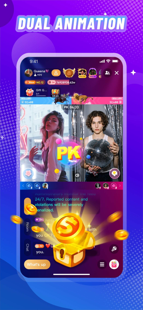 A split-screen livestream PK battle between two users on the Vone app with gold coins and digital gifts