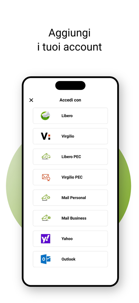 Pantalla de la app Libero Mail que muestra opciones para agregar múltiples cuentas de correo como Libero Virgilio Yahoo y Outlook
