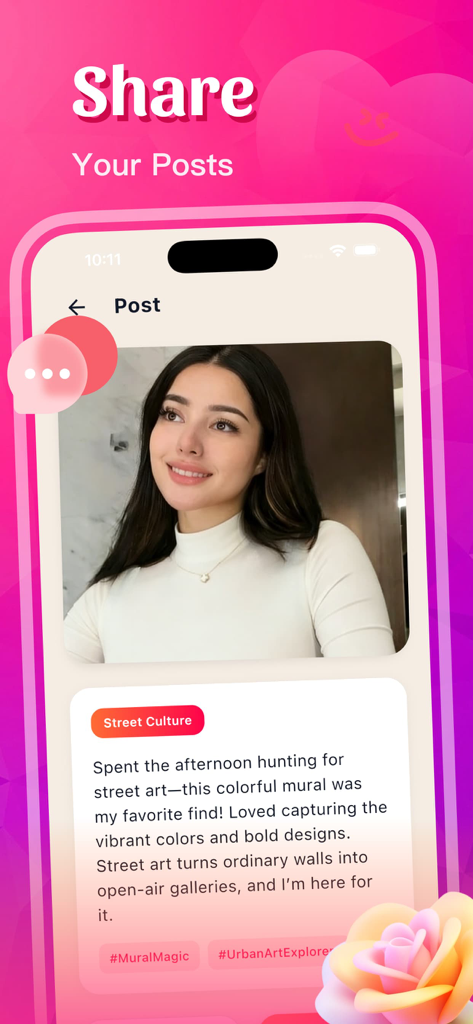 Tata - Chat, Explore, Fun - A mobile screenshot of the Tata app showing a user sharing a post about street art and urban culture.
