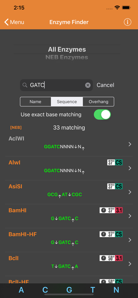 NEB Tools - NEB Tools app Enzyme Finder screen showing a list of restriction enzymes filtered by the DNA sequence GATC